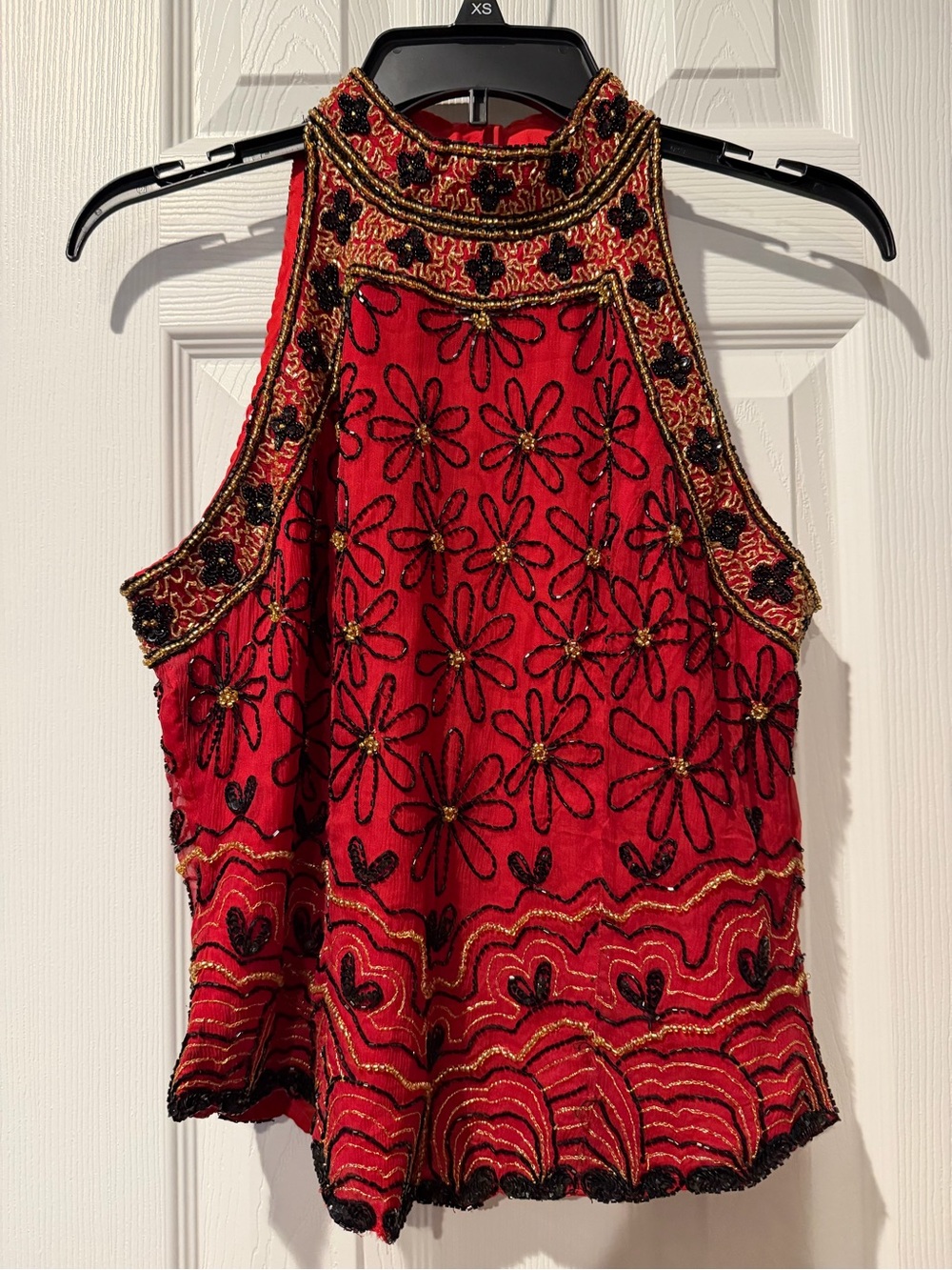 Red Beaded Halter Camisole with Floral Embroidery